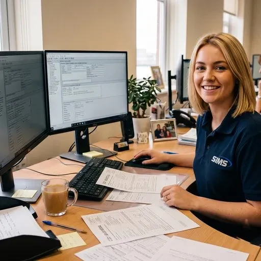 A Sims Group office worker at a desk with dual monitors and paperwork, processing customs declarations