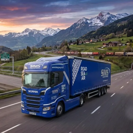 Blue Sims curtain-sided lorry on an Alpine motorway with snow-capped mountains behind