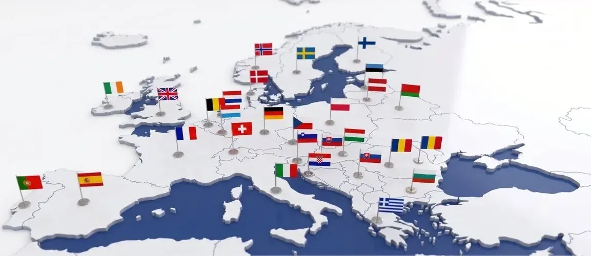 Map of Europe with national flags marking the countries Sims Group serves by road