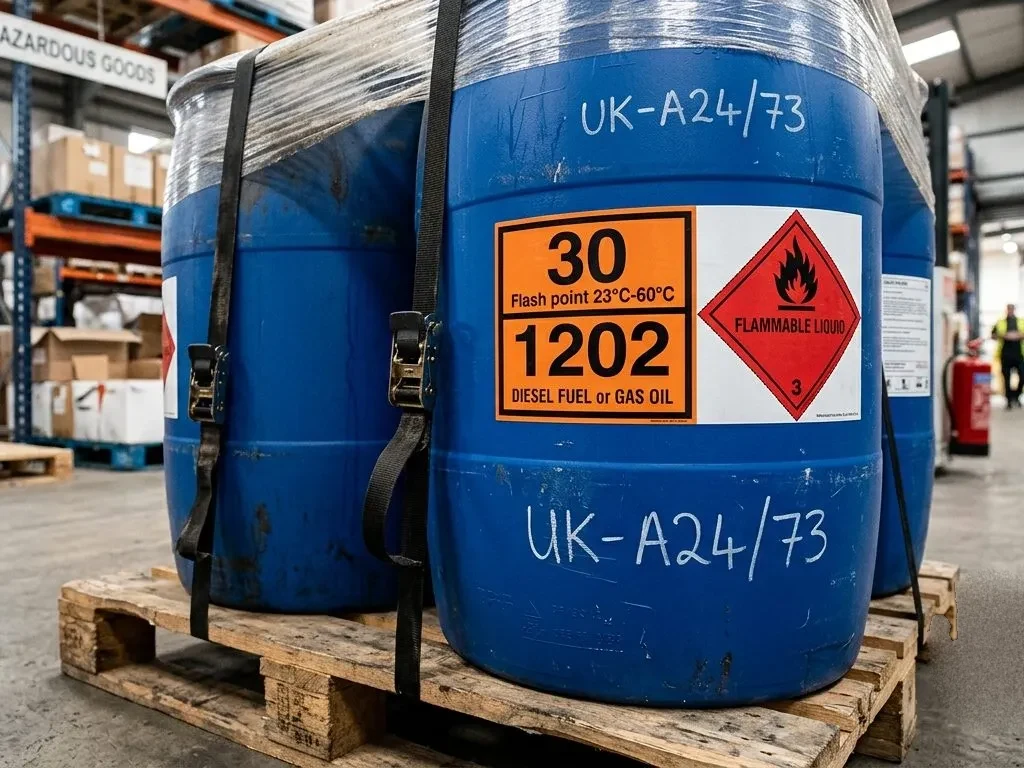 Blue flammable-liquid drums strapped to a pallet in a UK hazardous-goods warehouse, ADR Class 3 labelled
