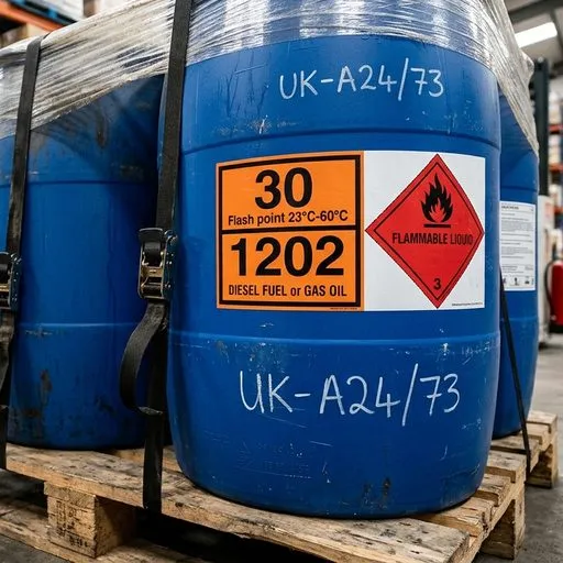 Flammable-liquid drums strapped to a pallet in a UK warehouse, ADR Class 3 labelled