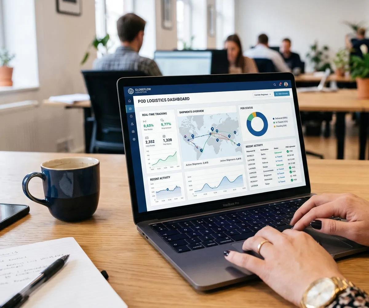 Live pallet tracking and proof of delivery on a laptop logistics dashboard in the office
