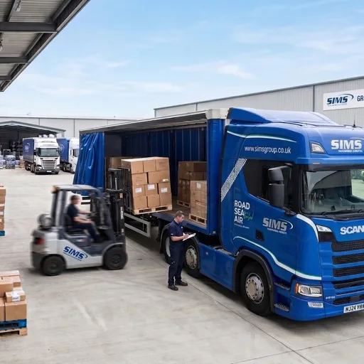 A forklift loading boxed pallets into the back of a blue Sims Scania lorry at a distribution depot