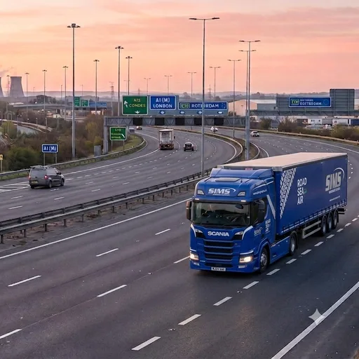 Blue Sims curtain-sided articulated lorry on a UK motorway at dusk, with motorway signs for the A1(M) overhead