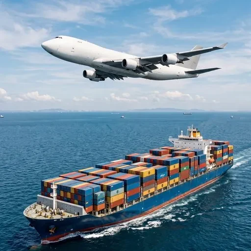 A cargo aircraft in flight above a container ship laden with stacked shipping containers at sea
