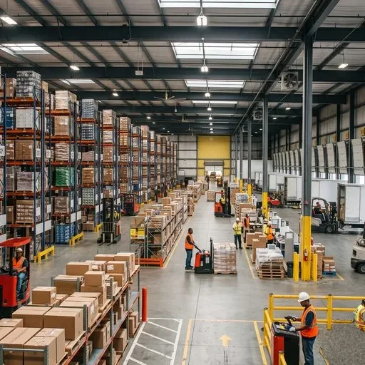 Interior of a busy warehouse with tall pallet racking, workers in hi-vis and forklifts moving stock along the aisles