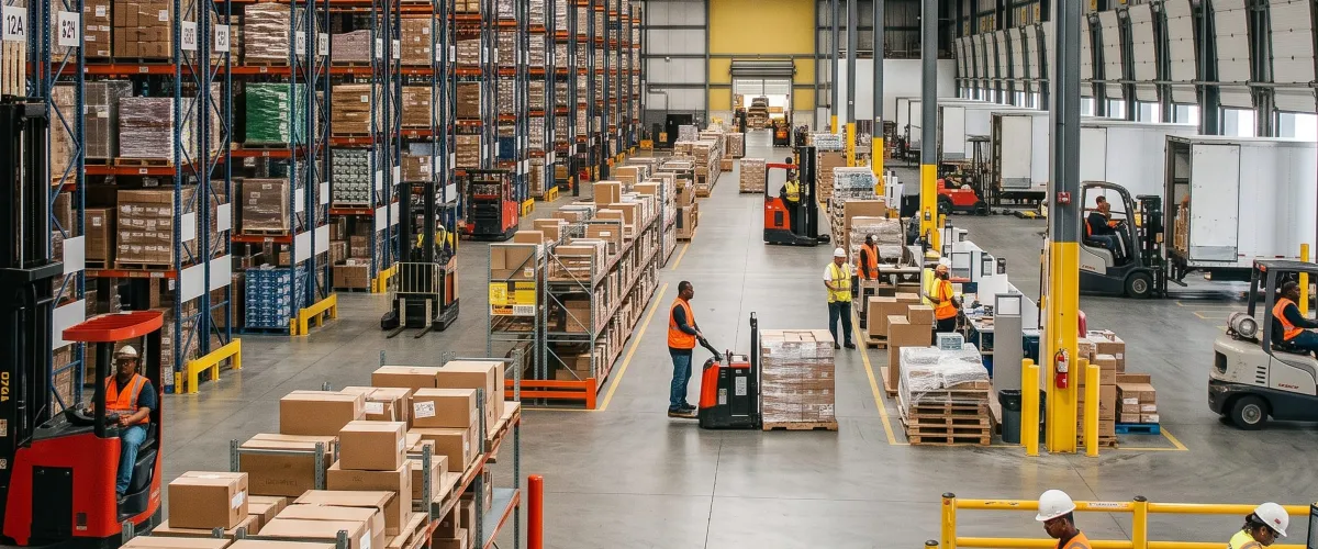Hi-vis warehouse team and forklifts picking and moving palletised stock inside the Sims Group 3PL warehouse